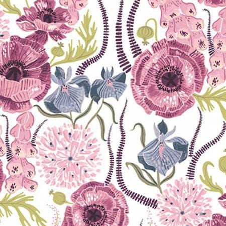 Garden Sanctuary by Rae Ritchie White Blooming Garden Purple Cotton Woven Fabric- SRR858 White