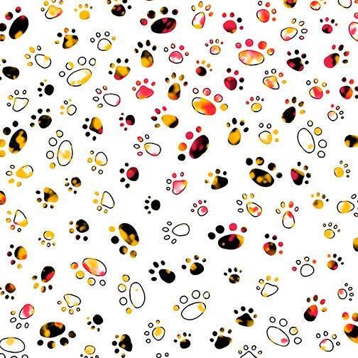 Party Animals Paw Prints Red and Yellow on White Cotton Woven