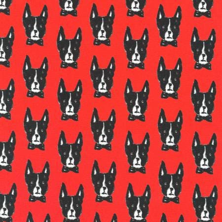 Red Dog Heads Boxer Dogs on Red Cotton Woven Fabric