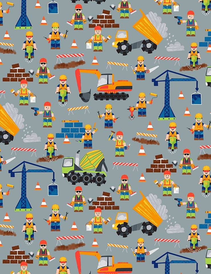 Construction Site Construction Workers kidz-6113-gray Cotton Woven Fabric