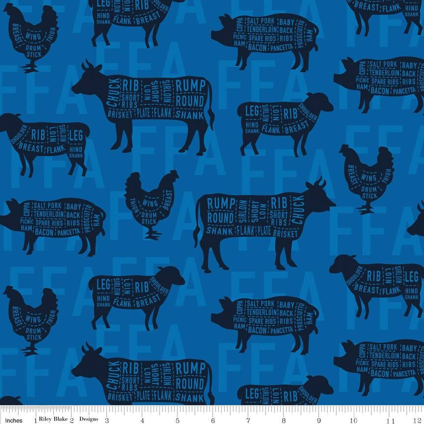 FFA Future Farmers of America Meat Cuts Blue Cotton Woven Fabric