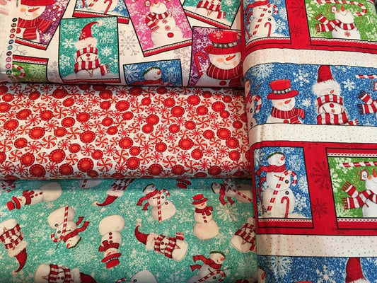 Sweet Season Snowmen Toss Aqua 24505Q Cotton Woven Fabric