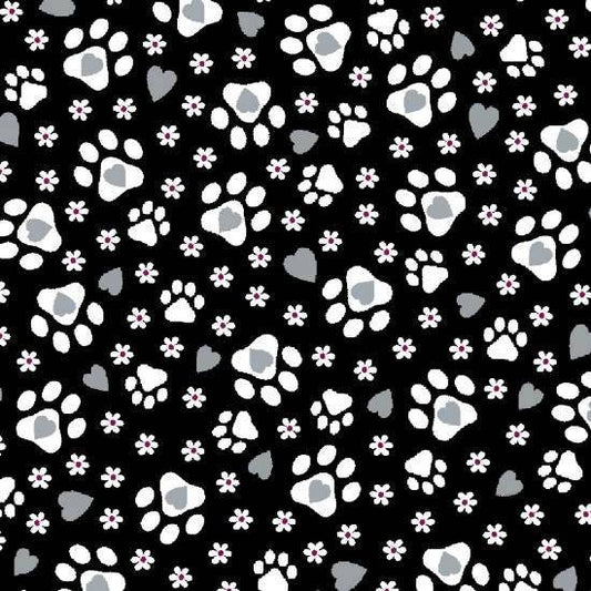 Cat-i-tude by Ginger Oliphant Paw Prints on Black cotton woven fabric