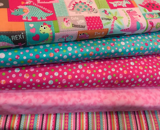 Girly O Sauraus, Dino Dots pink and Turquoise Cotton Woven Fabric