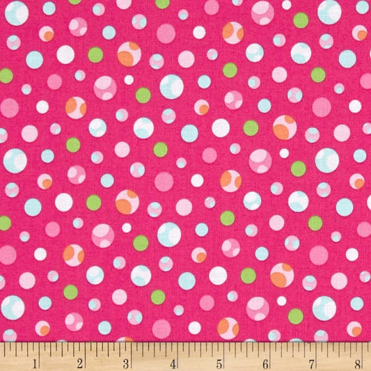 Girly O Sauraus Dino Dots pink and Turquoise Cotton Woven Fabric