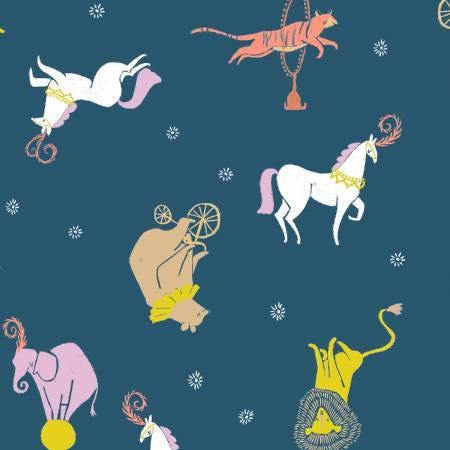 Seaside Carnival by Rae Ritchie Moonlight Carnival Animals on Navy Cotton Woven Fabric