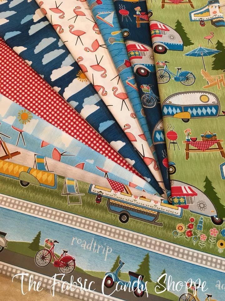 Let's Go Glamping by Anne Rowan Camping Lake Toss Blue Cotton Woven Fabric