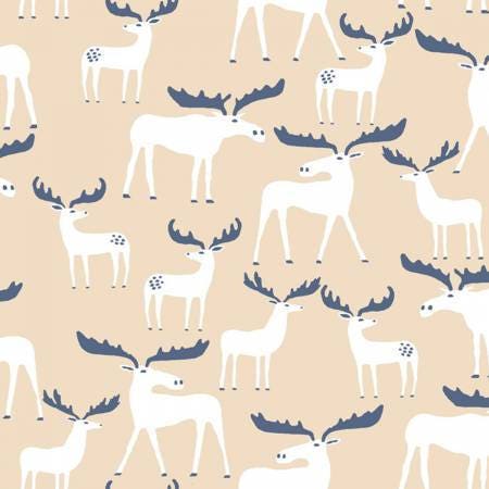 White Hibernation Moose on White Cotton Woven Fabric