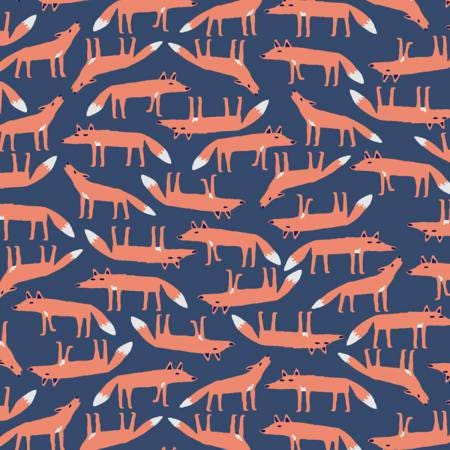 White Hibernation Fox on Navy Cotton Woven Fabric 841