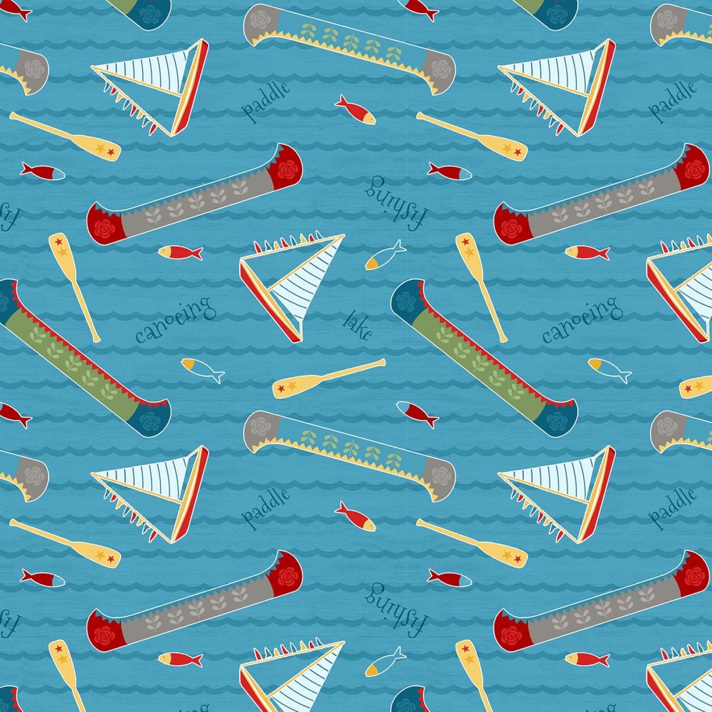 Let's Go Glamping by Anne Rowan Camping Lake Toss Blue Cotton Woven Fabric