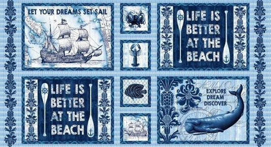 Indigo Coastal Coastal Blocks 24" Panel Nautical Blue 3990-77 Cotton Woven Panel