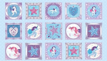 Unicorn Kisses by Lucie Crovatto 24" Panel Multi Unicorn Blocks Stars and Hearts cotton woven Panel