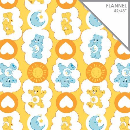Licensed Care Bears Funshine Bear & Bedtime Bear on Yellow 100% Cotton Flannel Fabric