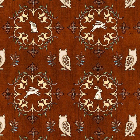 Where the Wise Things Are by Dan Morris Owl Medallions in Rust Cotton Woven Fabric