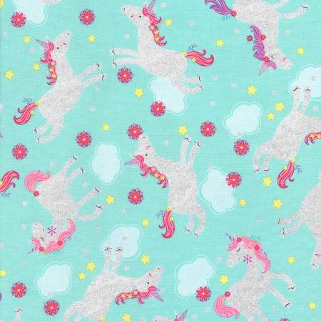 Pink Unicorns on Turquoise with Metallic Cotton Woven Fabric