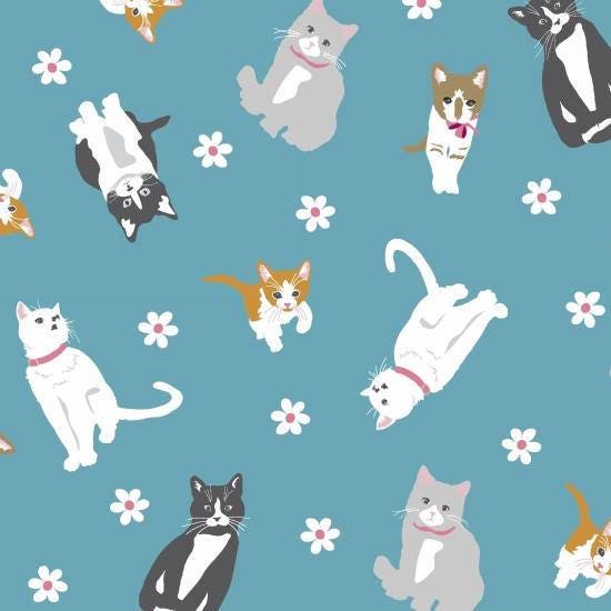 Cat-i-tude by Ginger Oliphant Tossed Cats on Blue cotton woven fabric