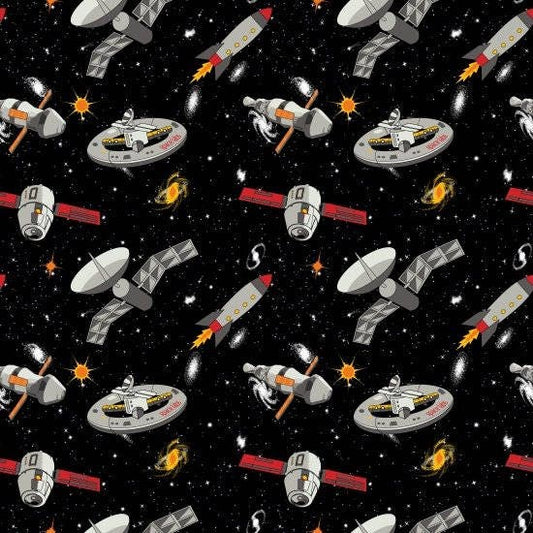 Spacewalk (Glow in the Dark) Spaceships 9027G 99 Black Cotton Woven Panel