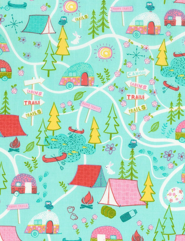 Camping Map on Aqua FUN-C6277-Aqua Cotton Woven Fabric