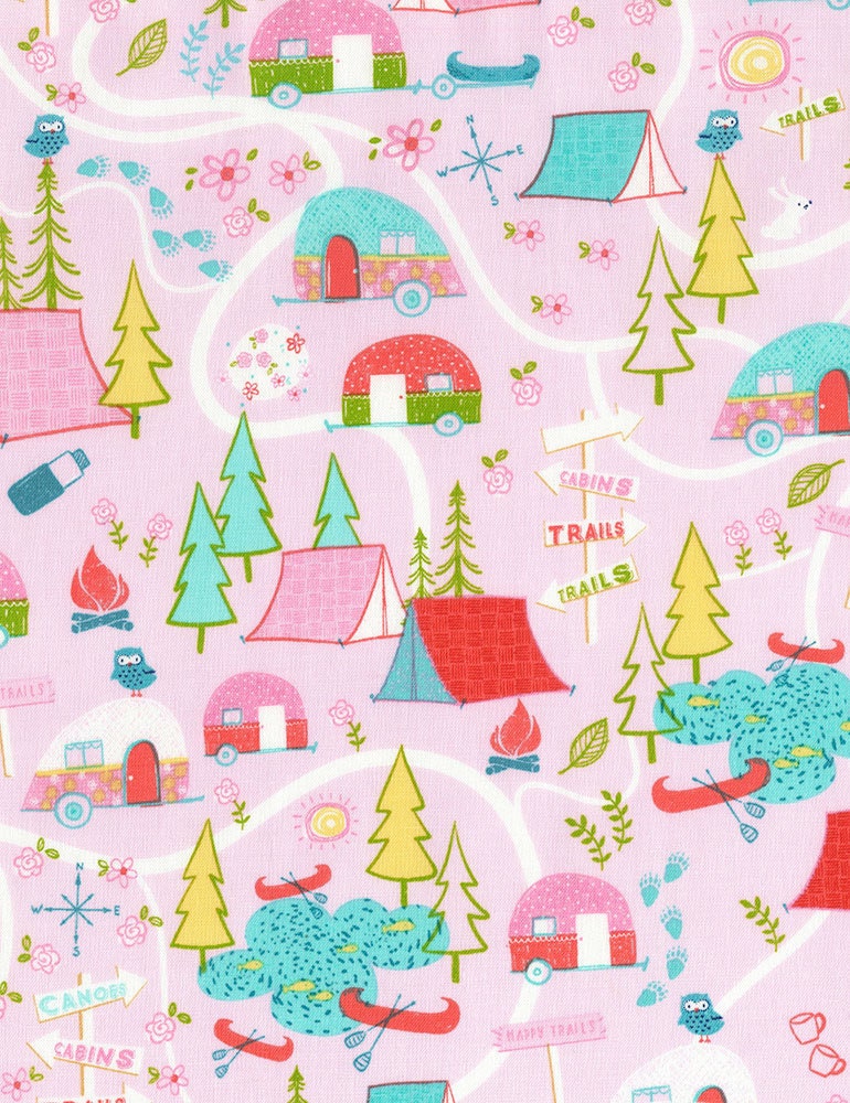 Camping Map on Pink Cotton Woven Fabric