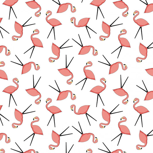 Let's Go Glamping by Anne Rowan Camping Flamingo Toss White Cotton Woven Fabric