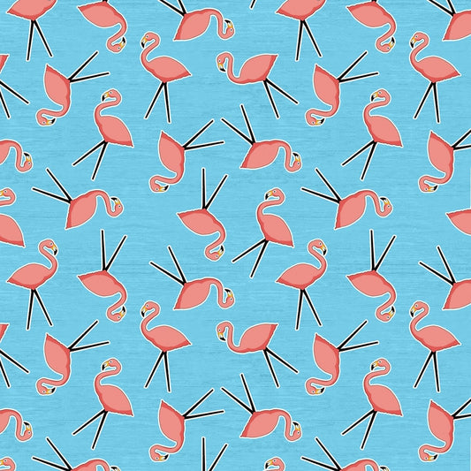 Let's Go Glamping by Anne Rowan Camping Flamingo Toss Blue Cotton Woven Fabric