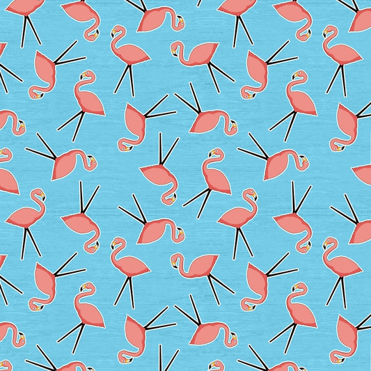 Let's Go Glamping by Anne Rowan Camping Flamingo Toss Blue Cotton Woven Fabric