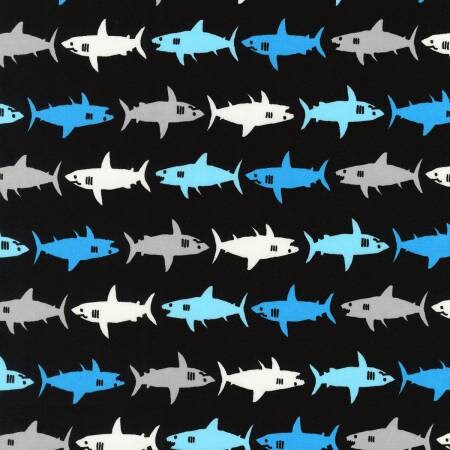 Blue Sharks on Black Cotton Woven Fabric