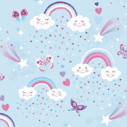 Unicorn Kisses by Lucie Crovatto Rainbows & Clouds on Blue Cotton Woven