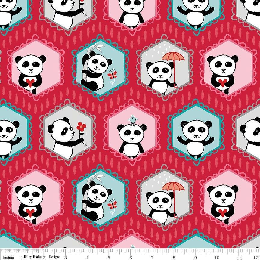 Panda Love Panda Bears on Red Cotton Woven Fabric