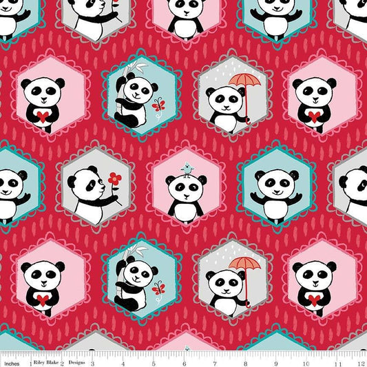 Panda Love Panda Bears on Red Cotton Woven Fabric