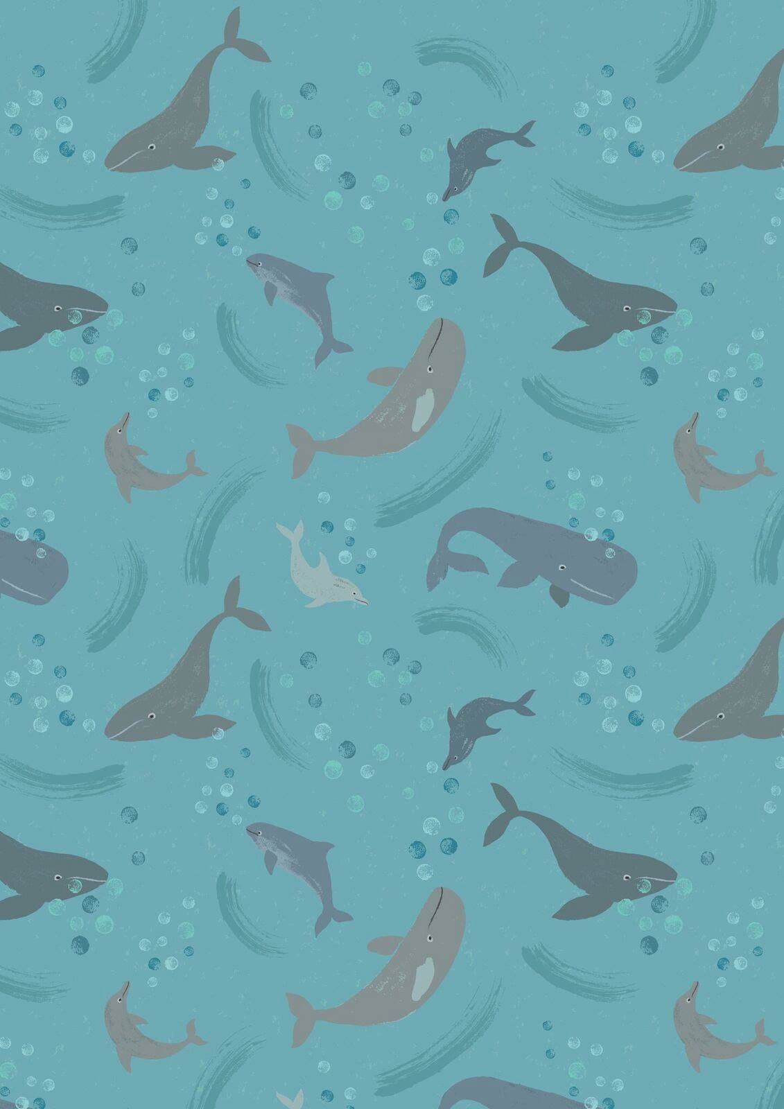 Spindrift Whales Love on Blue Puffins Cotton Woven Fabric
