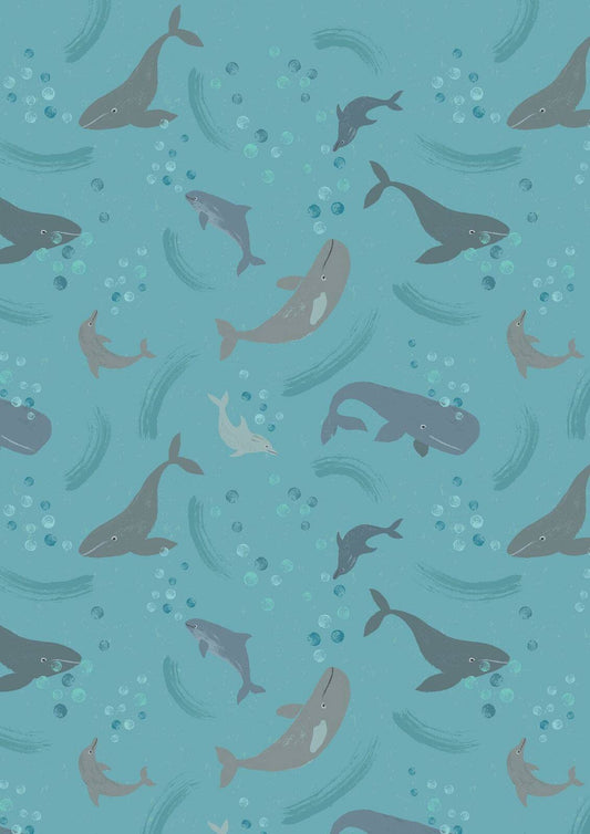 Spindrift Whales Love on Blue Puffins A259.2 Cotton Woven Fabric