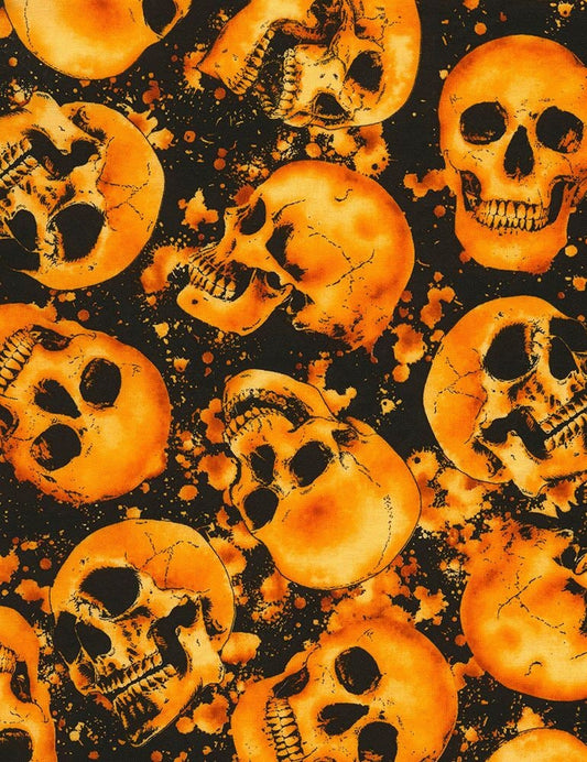 Skulls on Orange Cotton Woven Fabric