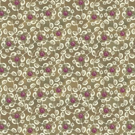 Mulberry Blooms by Sara B Twigs on Sage Cotton Woven Fabric