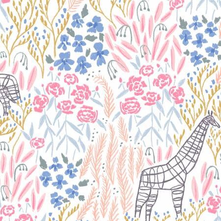 Royal Picnic by Rae Ritchie White Topiary Giraffe and Floral Cotton Woven Fabric