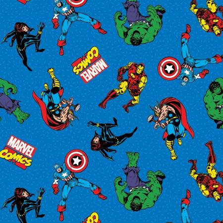 Licensed Marvel Comic Action on Blue, Hulk, Captain America, Black Widow 16336 Cotton Woven Fabric