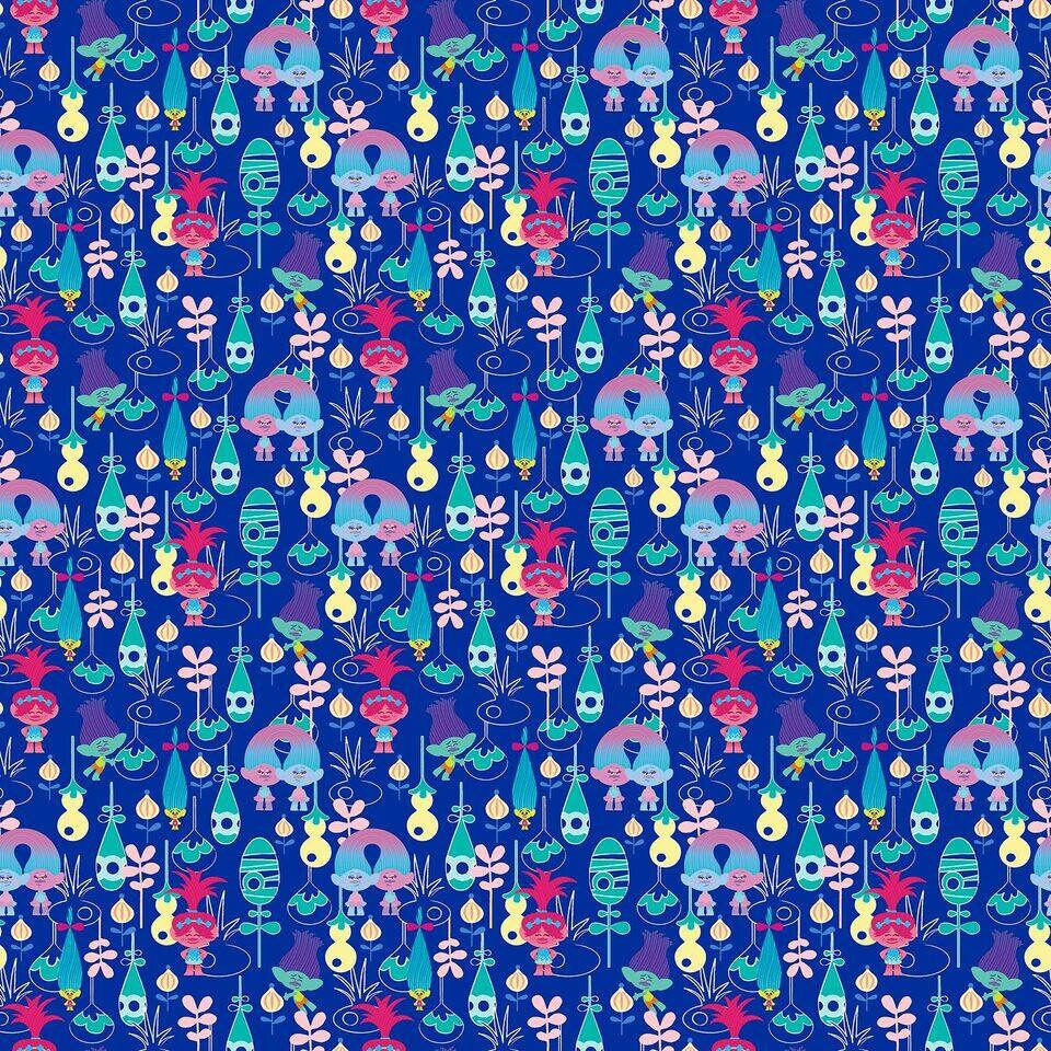 Licensed Dreamworks Trolls Packed on Blue cotton Woven Fabric