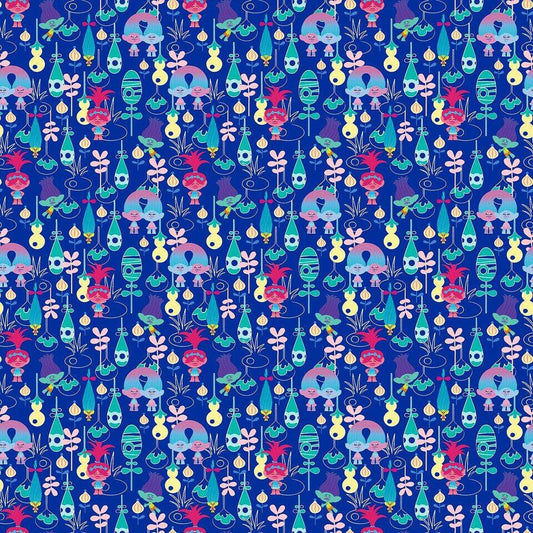 Licensed Dreamworks Trolls Packed on Blue cotton Woven Fabric