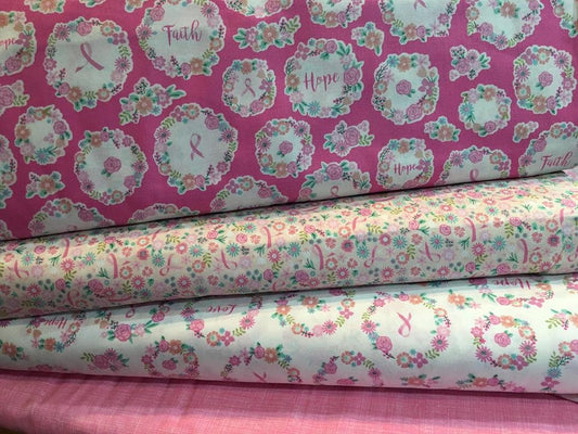 I Believe in Pink by Rosemarie Lavin Design Peach Flowers and Ribbons Cotton Woven Fabric