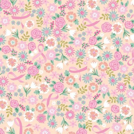 I Believe in Pink by Rosemarie Lavin Design Peach Flowers and Ribbons Cotton Woven Fabric