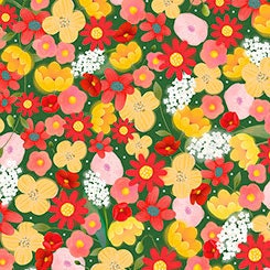 Melon Drop Licensed Santoro Gorjus Packed Flowers on Dark Green Cotton Woven Fabric