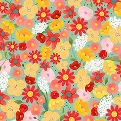 Melon Drop Licensed Santoro Gorjus Packed Flowers on Aqua Cotton Woven Fabric