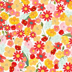 Melon Drop Licensed Santoro Gorjus Packed Flowers on White Cotton Woven Fabric