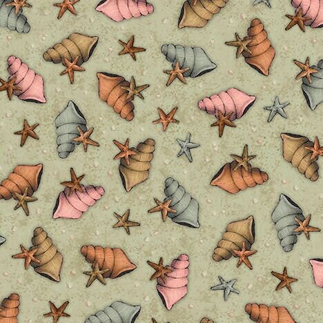 Santoro Adrift Mermaid Shells & Stars Sage cotton Woven Fabric