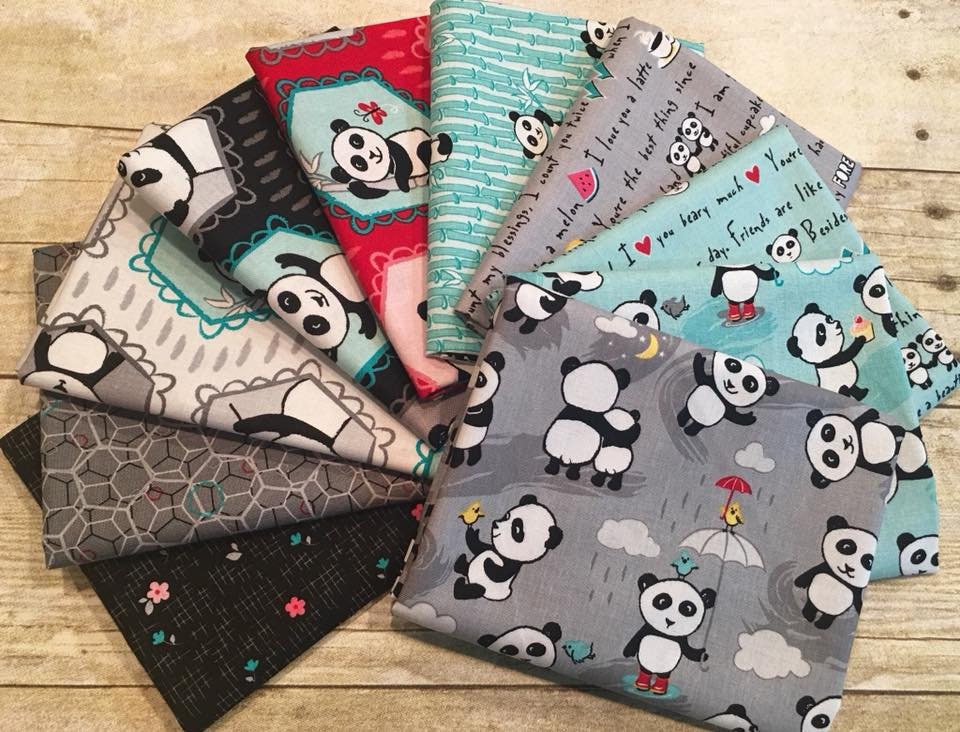 Panda Love Hexies on Light Gray Cotton Woven Fabric