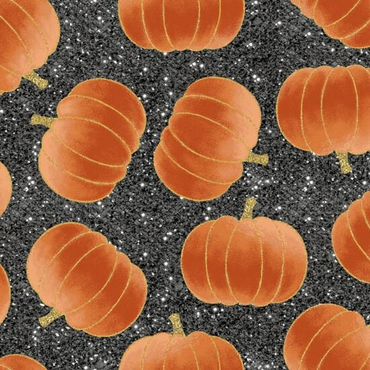 Midnight Spell by First Blush Studio Metallic Tossed Pumpkins on Black 6953M-99 Cotton Woven Fabric