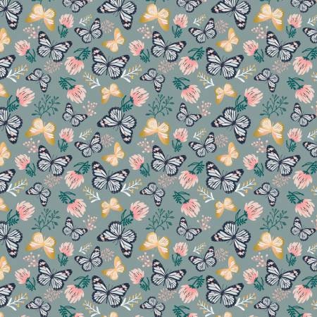 Up Up and Away Metallic Butterfly on Slate Cotton Woven Fabric