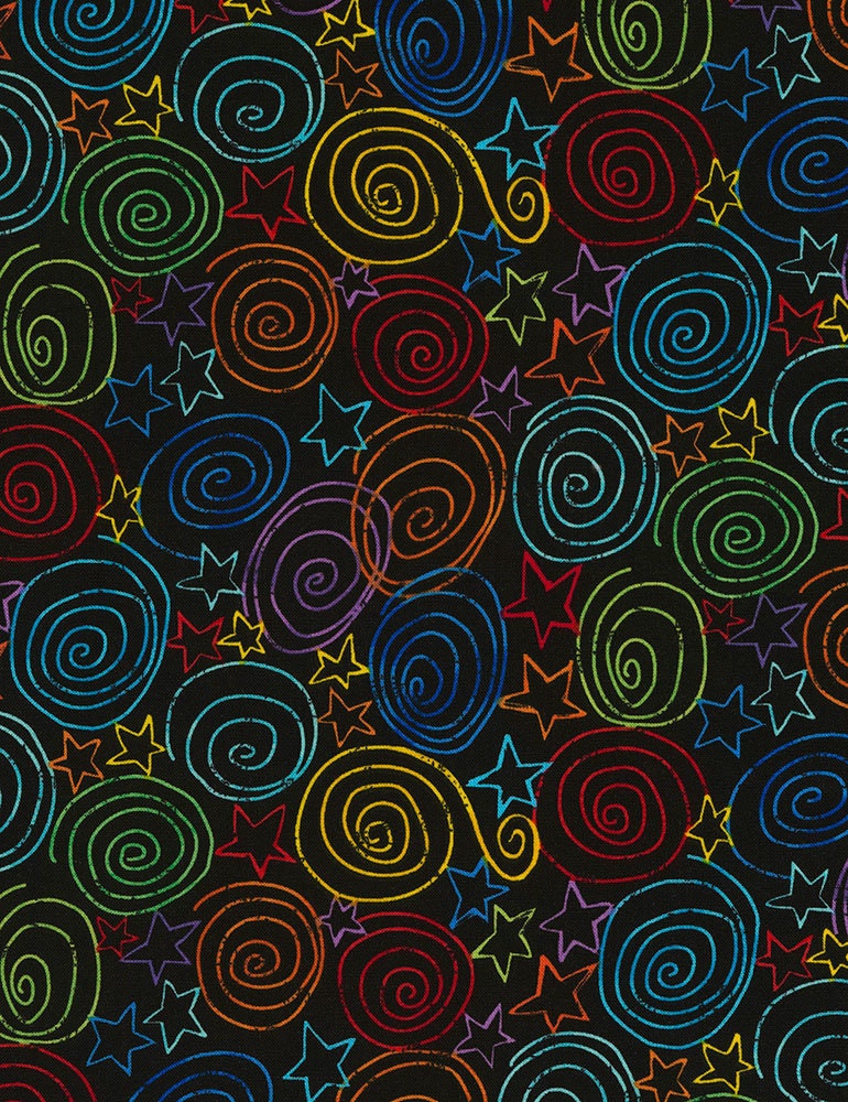 Rainbow Swirls and Stars Cotton Woven Fabric