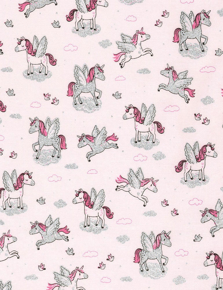 Unicorns in the Sky on Pink with Metallic cotton woven fabric