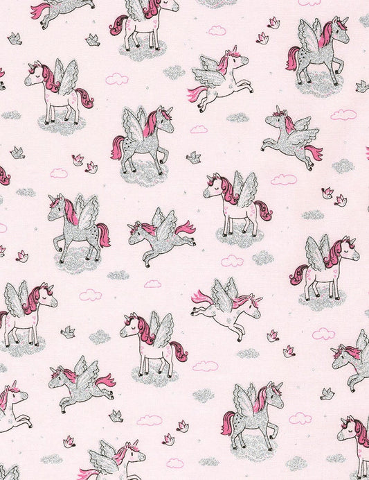 Unicorns in the Sky on Pink with Metallic cotton woven fabric -Timeless 6486
